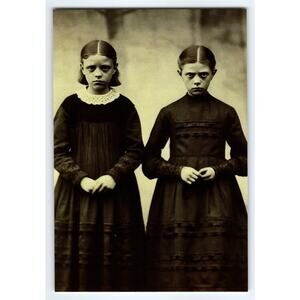 Spooky Vintage Style Halloween Photo of Two Girls in Dark Dresses 4x6